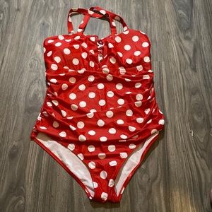 Yonique One Piece Swimsuit Lace Up Swimwear red white  Polka Dot Size 16w